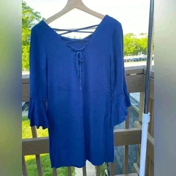 Charming Charlie S Navy blue flowy dress ruffled sleeves crisscross back - Picture 3 of 9